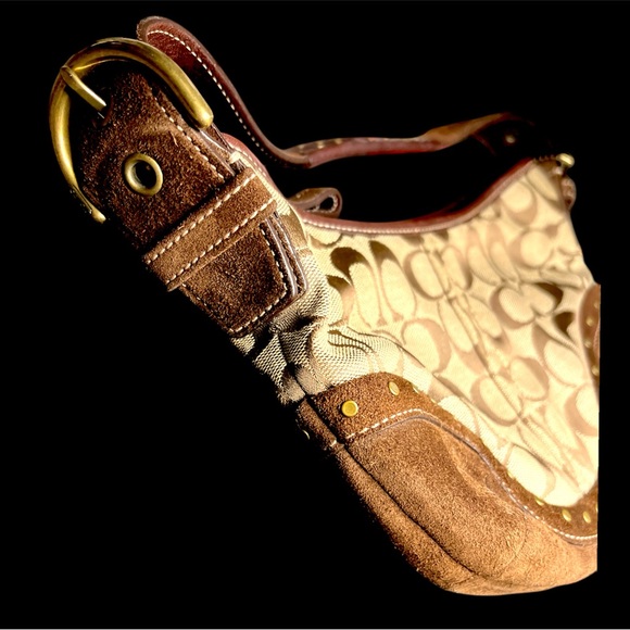 Vintage Coach Signature Logo with Suede & Brass Rivets SM bag #DO4J-7057 ✨👜💼🤎 - Picture 2 of 12